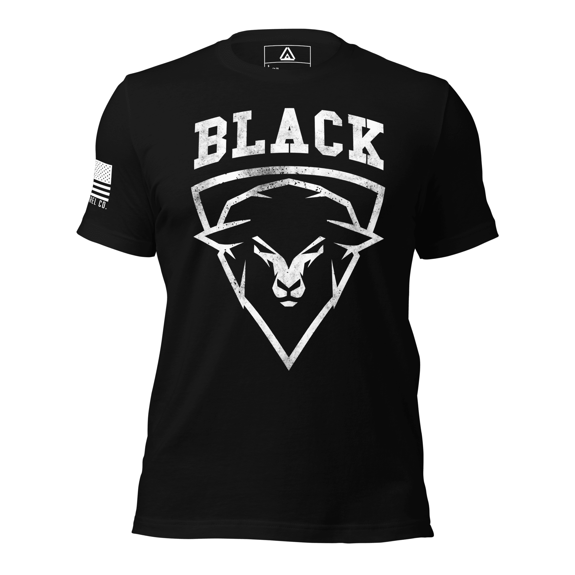 Black t-shirt, front view, with a sheep graphic and "BLACK" text, plus an American flag on the sleeve.