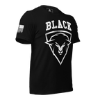 Black t-shirt, angled view, with a sheep graphic and "BLACK" text, plus an American flag on the sleeve.