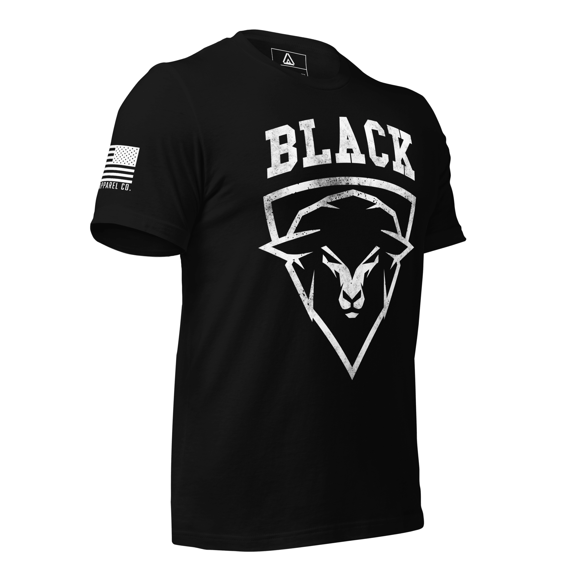 Black t-shirt, angled view, with a sheep graphic and "BLACK" text, plus an American flag on the sleeve.