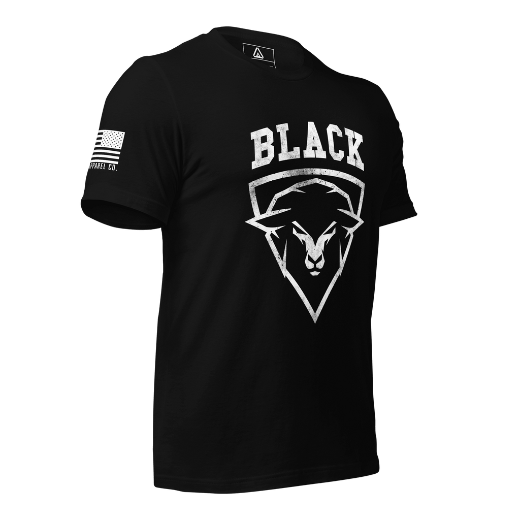 Black t-shirt, three-quarter view angled right, white BLACK sheep head front graphic, American flag on right sleeve.