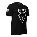 Black t-shirt, three-quarter view angled right, white BLACK sheep head front graphic, American flag on right sleeve.