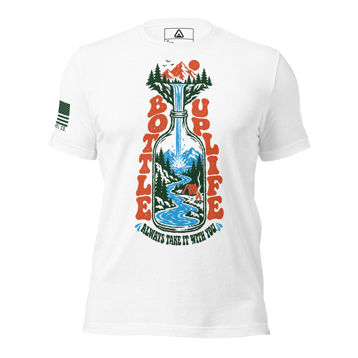 White T-shirt with a bottle filled with an outdoor camping scene and text reading "Bottle Up Life, Always Take It With You."