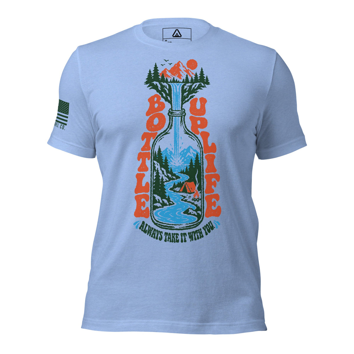 Light blue T-shirt featuring a bottled camping scene and "Bottle Up Life, Always Take It With You" text