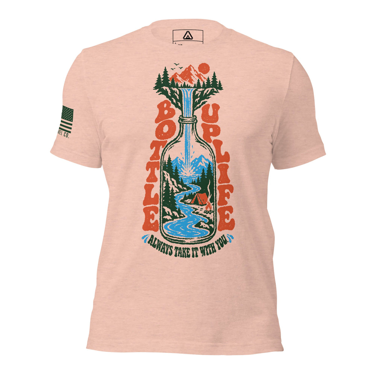 Heather dust pink T-shirt featuring a bottled camping scene and "Bottle Up Life, Always Take It With You." text.