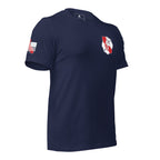 Navy blue t-shirt angled right featuring a red California firefighter crest and a red California flag sleeve.