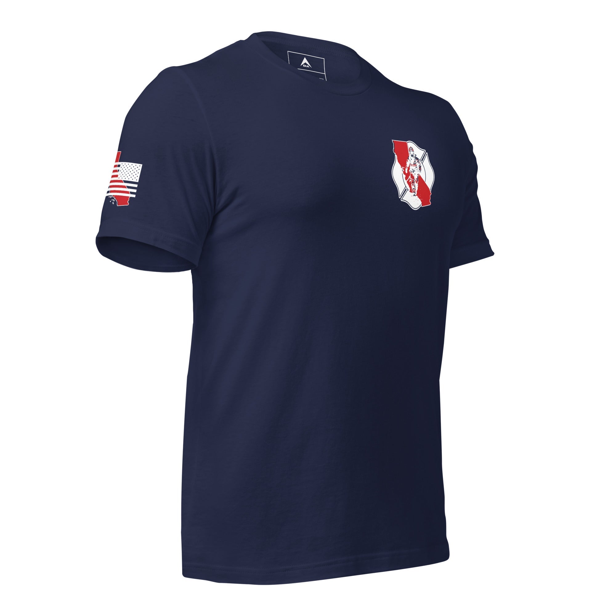Navy blue t-shirt angled right featuring a red California firefighter crest and a red California flag sleeve.