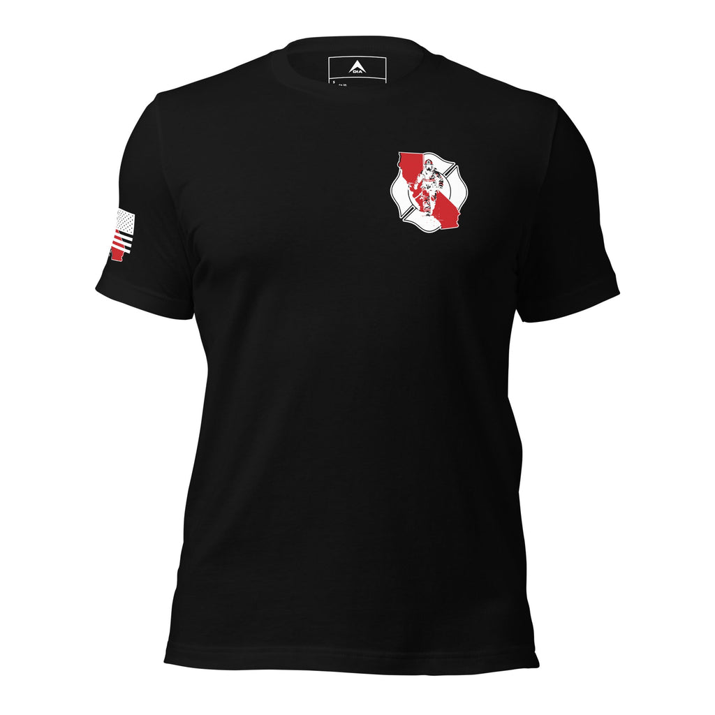 Black t-shirt featuring a red California firefighter crest on the chest and a red California flag sleeve graphic.
