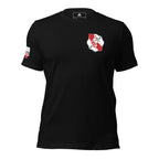 Black t-shirt featuring a red California firefighter crest on the chest and a red California flag sleeve graphic.