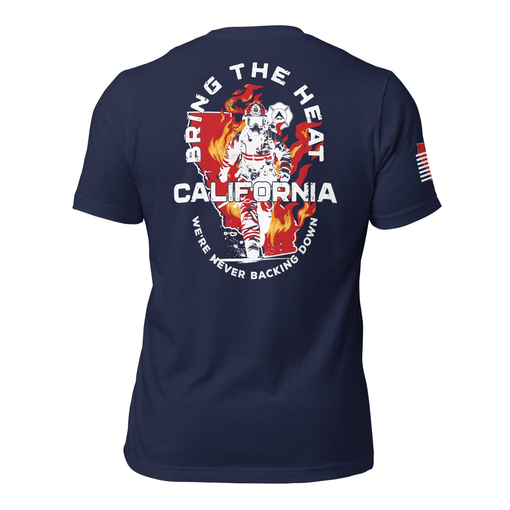 Back view of a navy blue t-shirt with a firefighter graphic over a red California silhouette and a red sleeve flag.