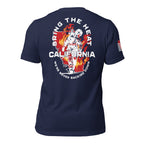 Back view of a navy blue t-shirt with a firefighter graphic over a red California silhouette and a red sleeve flag.