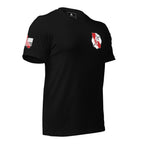 Black t-shirt angled left featuring a red California firefighter crest and a red California flag sleeve graphic.
