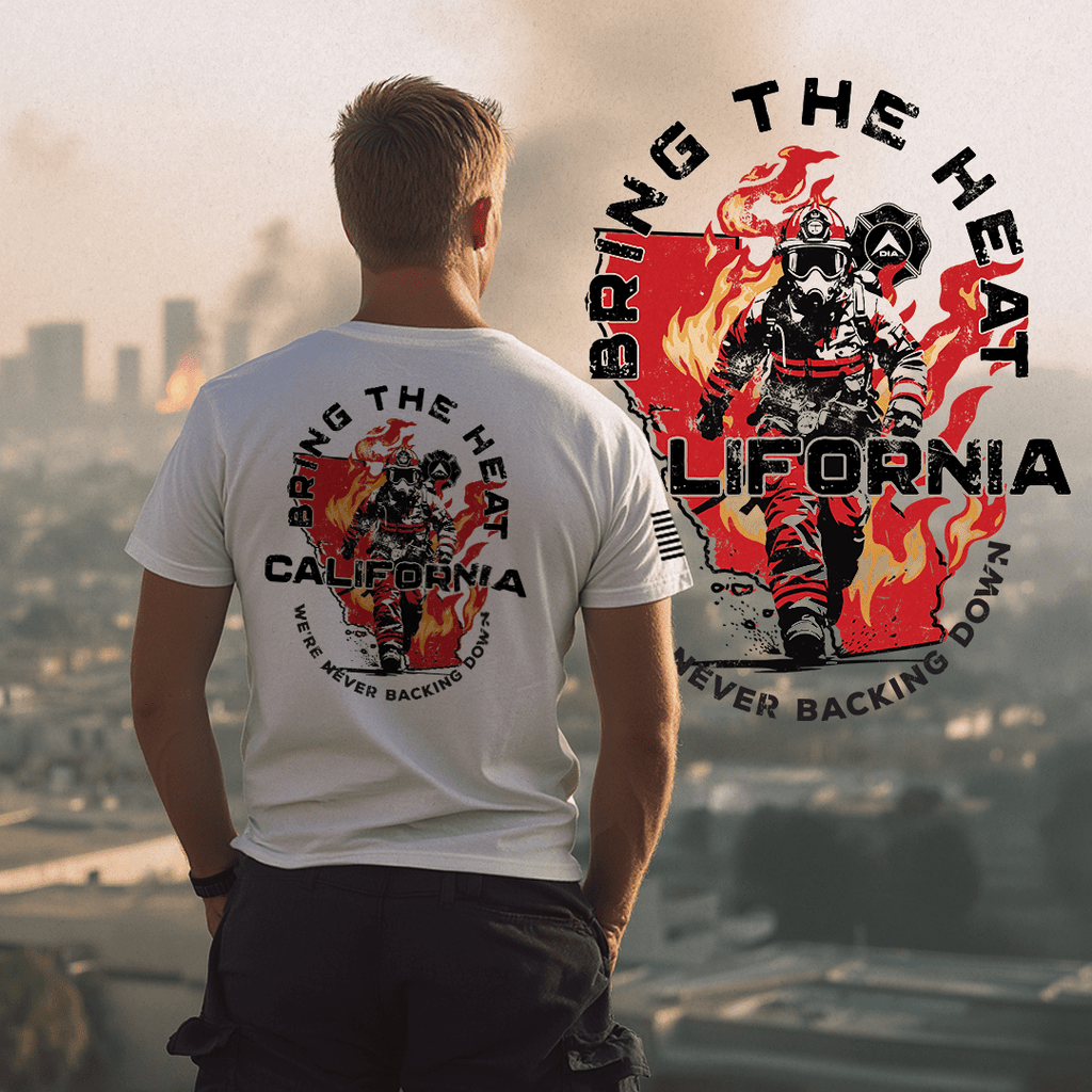 Man before smoky city skyline wearing white Bring the Heat t-shirt with red firefighter graphic and California silhouette