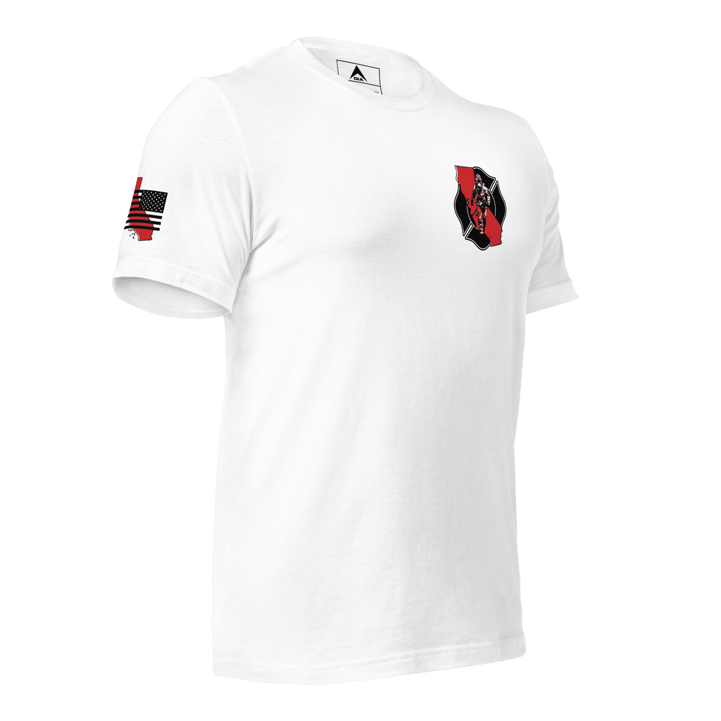 White t-shirt three-quarter view with left-chest firefighter crest, red California outline, and American flag on right sleeve