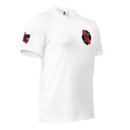 White t-shirt three-quarter view with left-chest firefighter crest, red California outline, and American flag on right sleeve