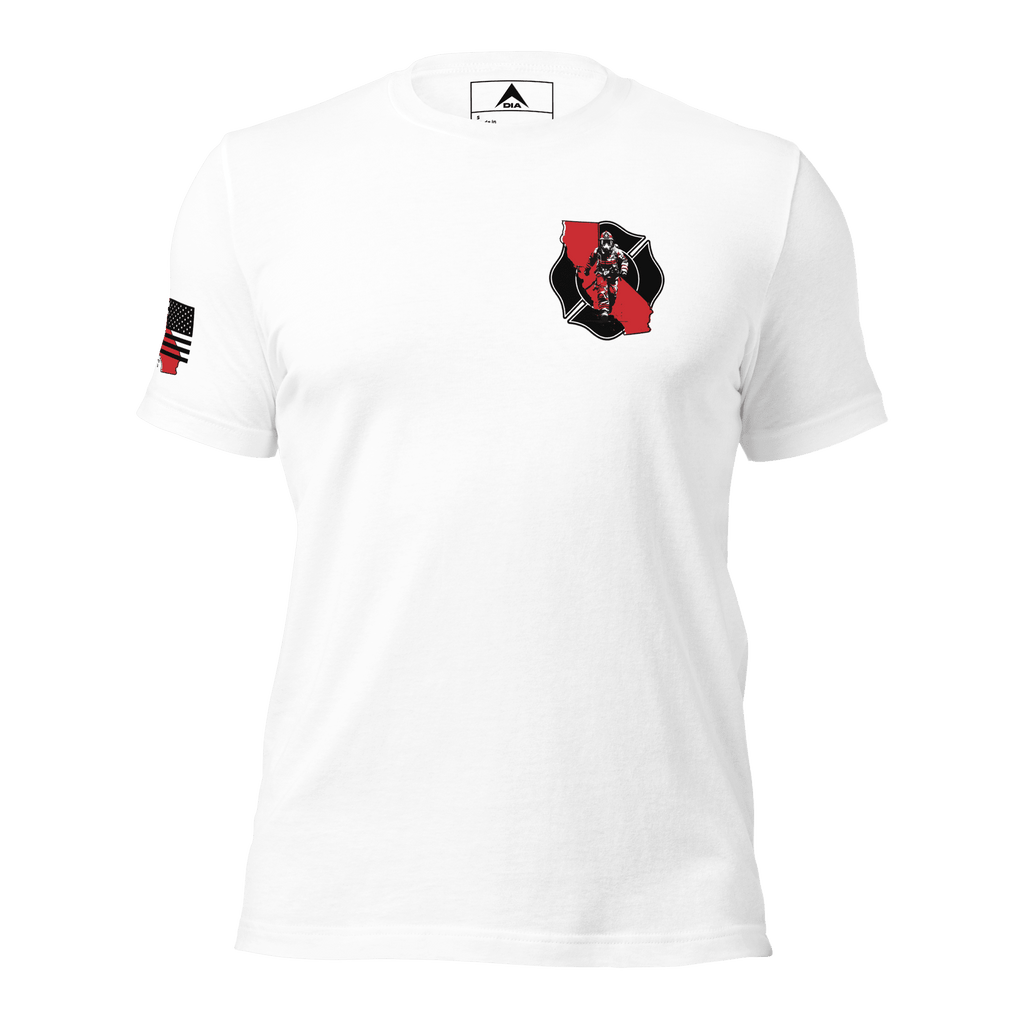 Front view white t-shirt with left-chest firefighter crest, red California outline, black Maltese cross, and flag on sleeve