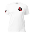 Front view white t-shirt with left-chest firefighter crest, red California outline, black Maltese cross, and flag on sleeve