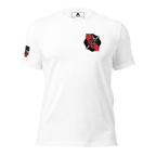 Front view white t-shirt with left-chest firefighter crest, red California outline, black Maltese cross, and flag on sleeve
