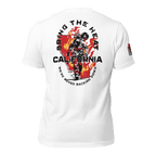 White t-shirt back view with red & black firefighter graphic, 'BRING THE HEAT', California silhouette, and American flag.