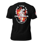 Back view of a black t-shirt with a firefighter graphic over a red California silhouette and a red sleeve flag.
