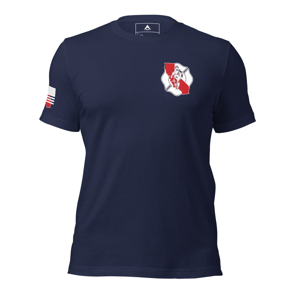 Navy blue t-shirt featuring a red California firefighter crest on the chest and a red California flag sleeve.
