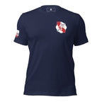 Navy blue t-shirt featuring a red California firefighter crest on the chest and a red California flag sleeve.