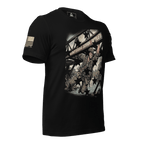 Black t-shirt angled right, featuring Captain John Ripley bridge graphic with stars overlay and American flag sleeve patch.