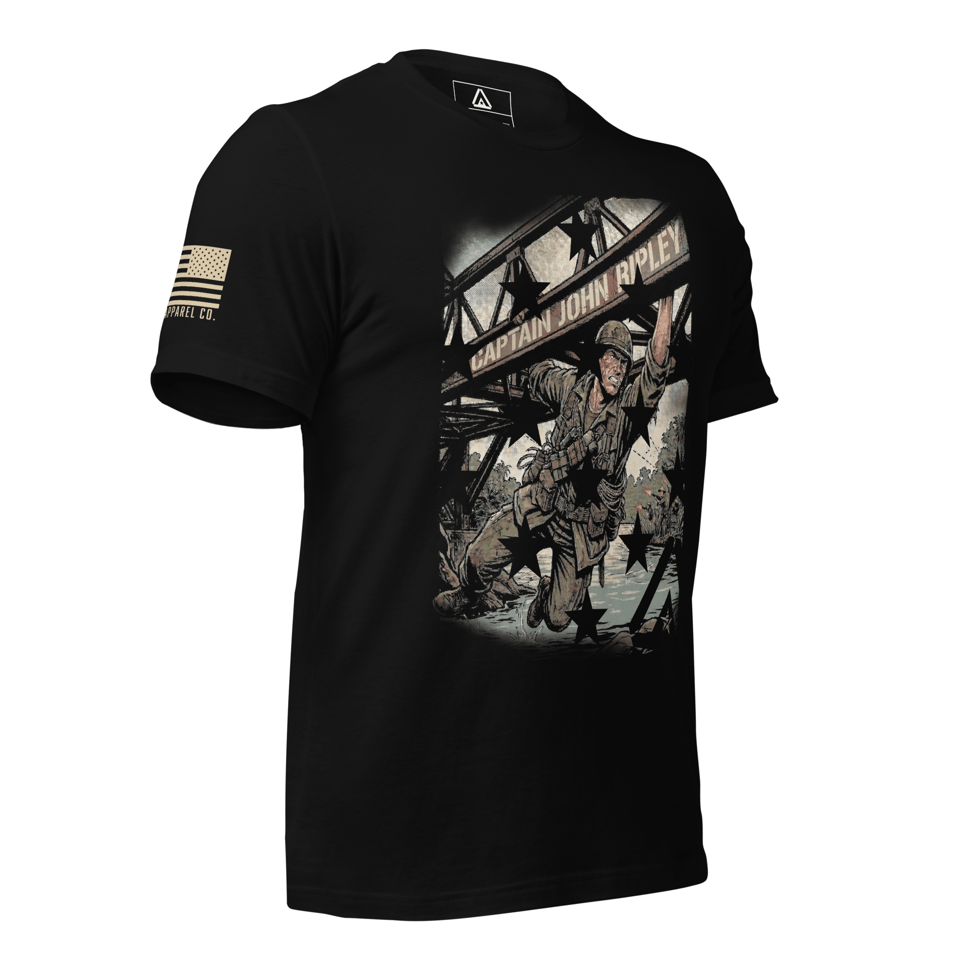 Black t-shirt angled right, featuring Captain John Ripley bridge graphic with stars overlay and American flag sleeve patch.