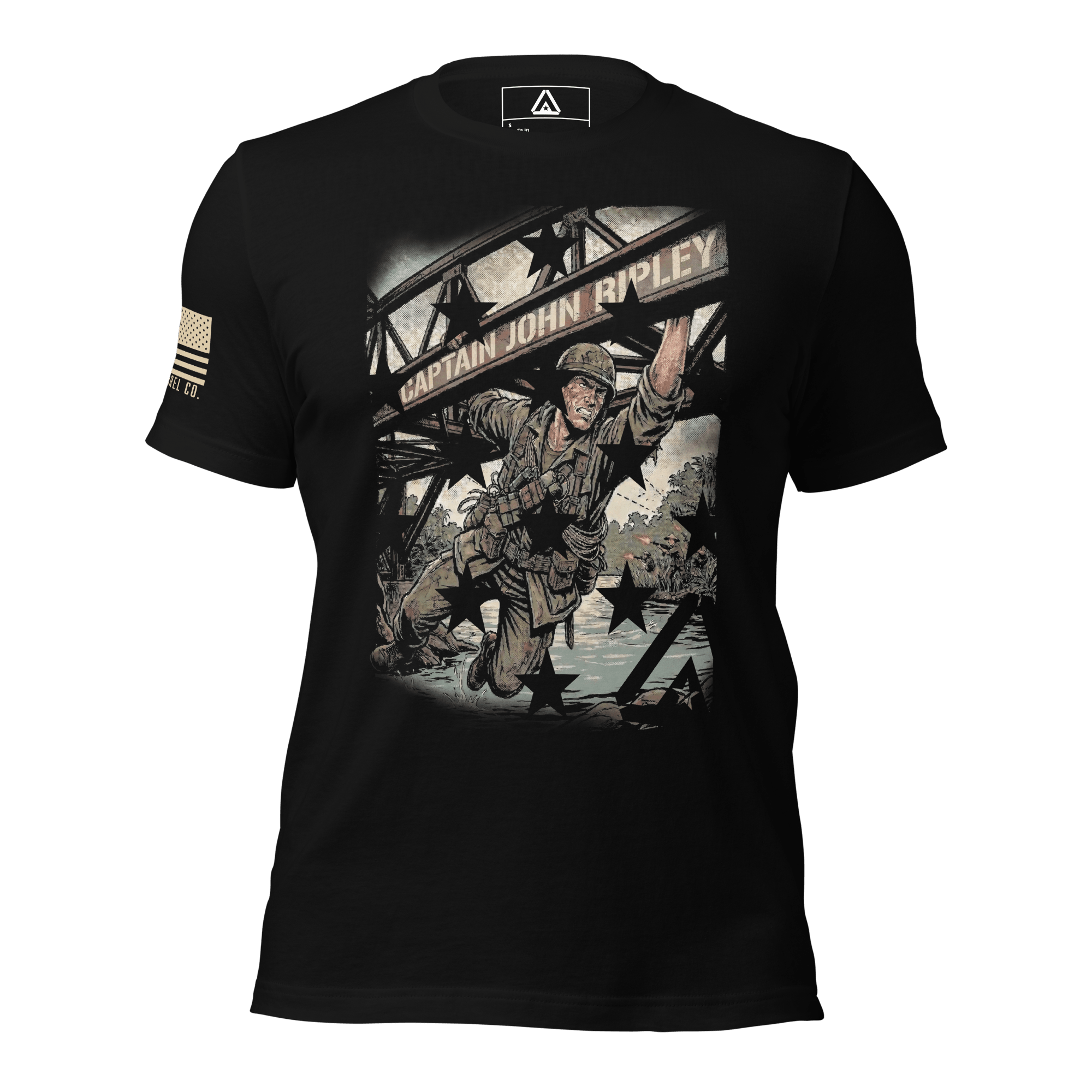 Black t-shirt featuring Captain John Ripley graphic on a bridge, with stars overlay and an American flag patch on right sleeve.