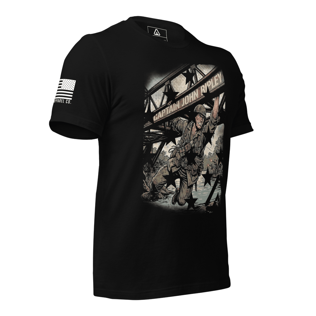 Black t-shirt angled right, with a Captain John Ripley graphic and American flag on sleeve.