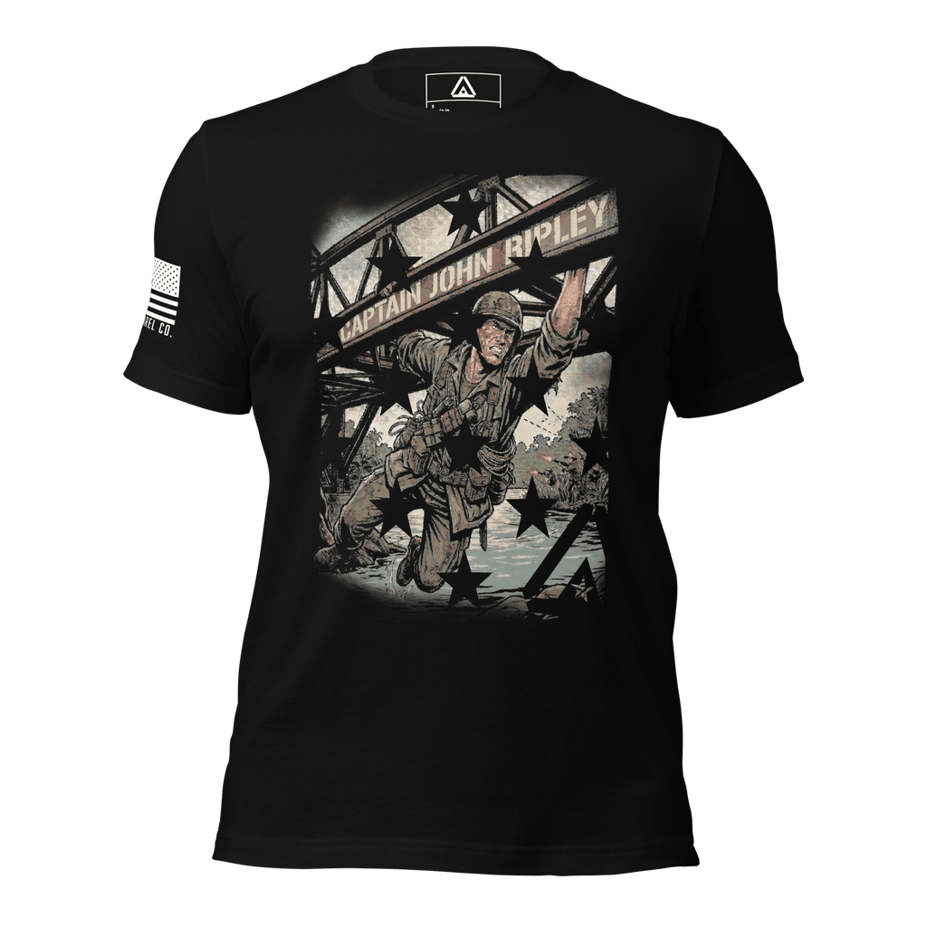 Black t-shirt, front view, with a Captain John Ripley graphic with stars and aAmerican flag on the sleeve.