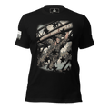 Black t-shirt, front view, with a Captain John Ripley graphic with stars and aAmerican flag on the sleeve.