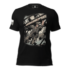 Black t-shirt, front view, with a Captain John Ripley graphic with stars and aAmerican flag on the sleeve.