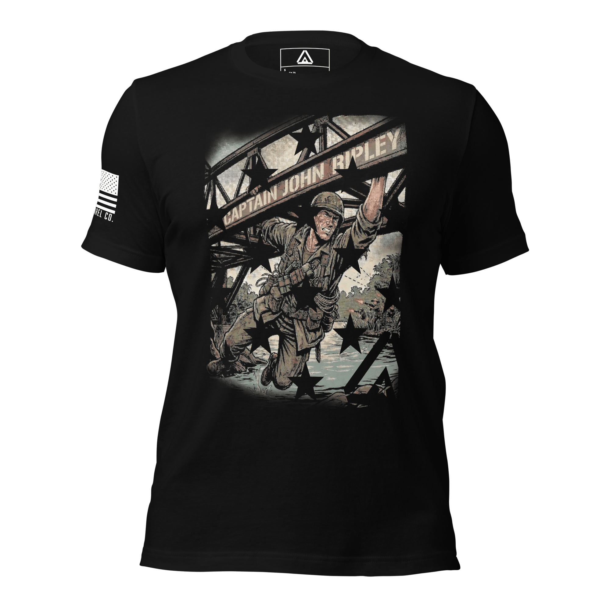 Black t-shirt, front view, with a Captain John Ripley graphic with stars and aAmerican flag on the sleeve.