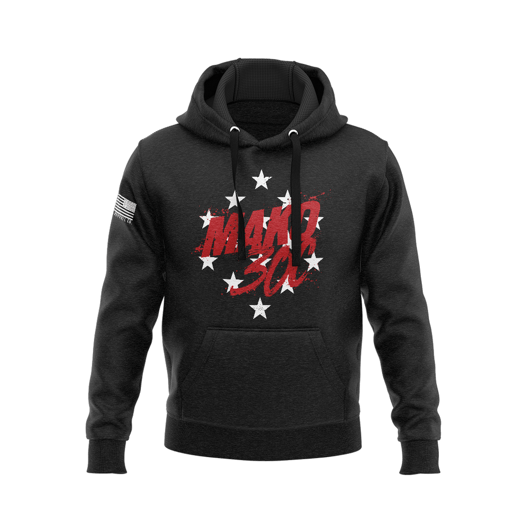 Black hoodie displaying red "MAKO 30C" chest graphic surrounded by white stars, with right sleeve American flag patch.