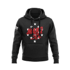 Black hoodie displaying red "MAKO 30C" chest graphic surrounded by white stars, with right sleeve American flag patch.