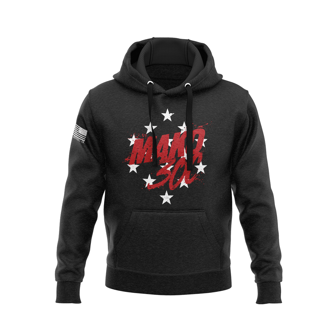 Black hoodie displaying red "MAKO 30C" chest graphic surrounded by white stars, with right sleeve American flag patch.