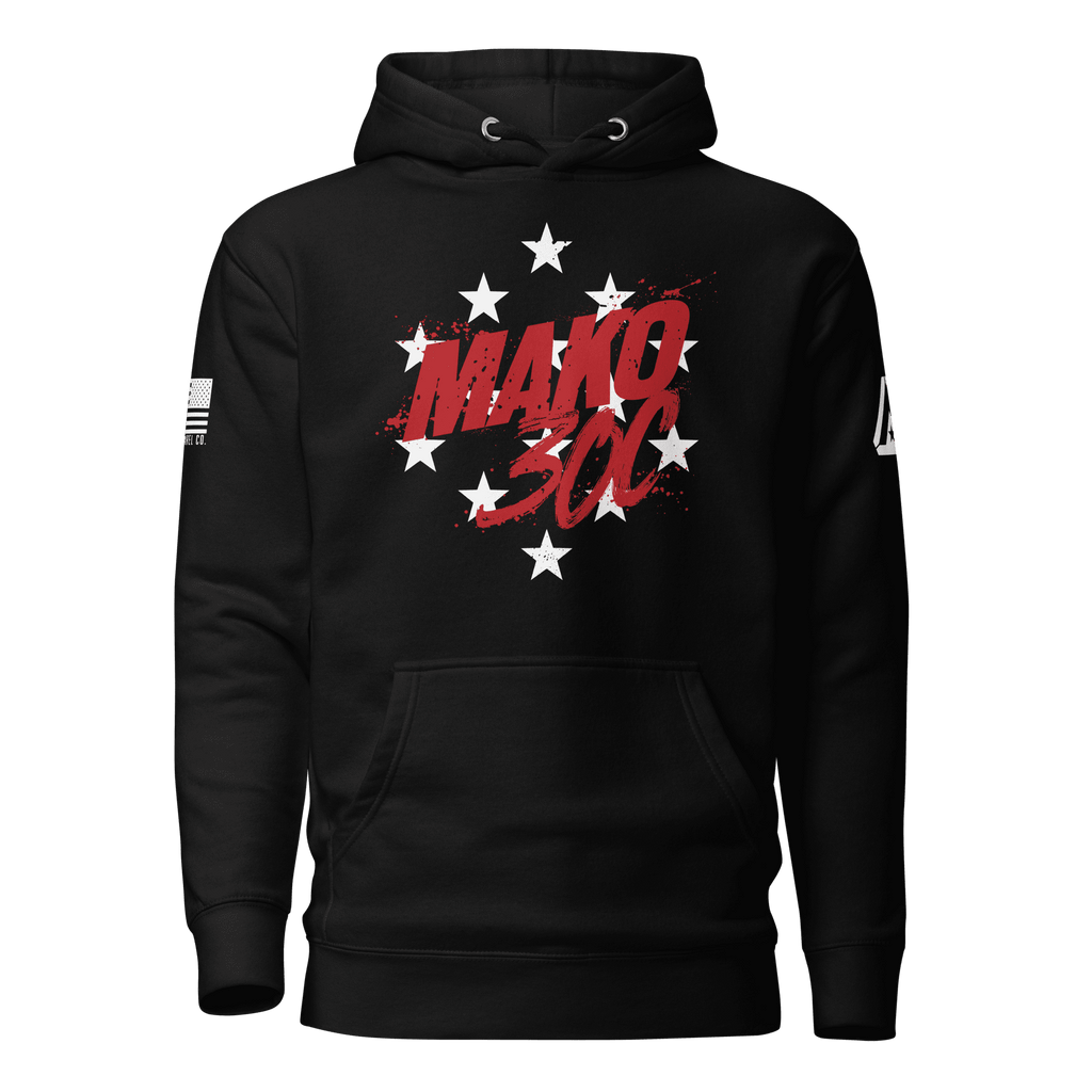 Black hoodie front view with a red "MAKO 30C" logo surrounded by white stars.