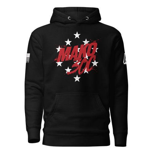 Black hoodie featuring a front graphic with red distressed text "MAKO 30C" layered over a circular pattern of white stars. On the right sleeve, a white American flag is visible with the text "DIA APPAREL CO." printed directly underneath it. The left sleeve displays a white DIA logo.