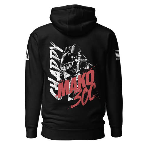 Black hoodie back view with a white soldier graphic, white "CHAPPY", and red "MAKO 30C".