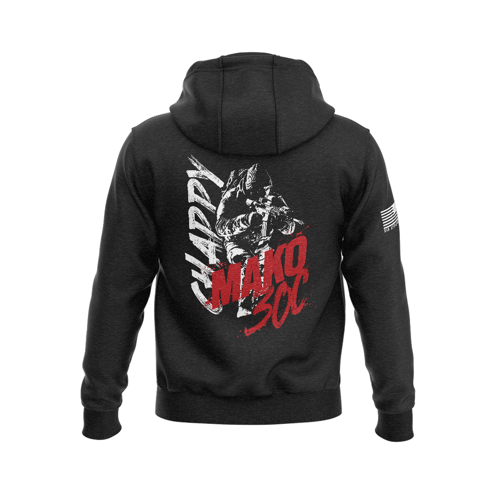 Black hoodie showcasing back graphic with white "CHAPPY" text, red "MAKO 30C" lettering, soldier illustration, and sleeve flag.