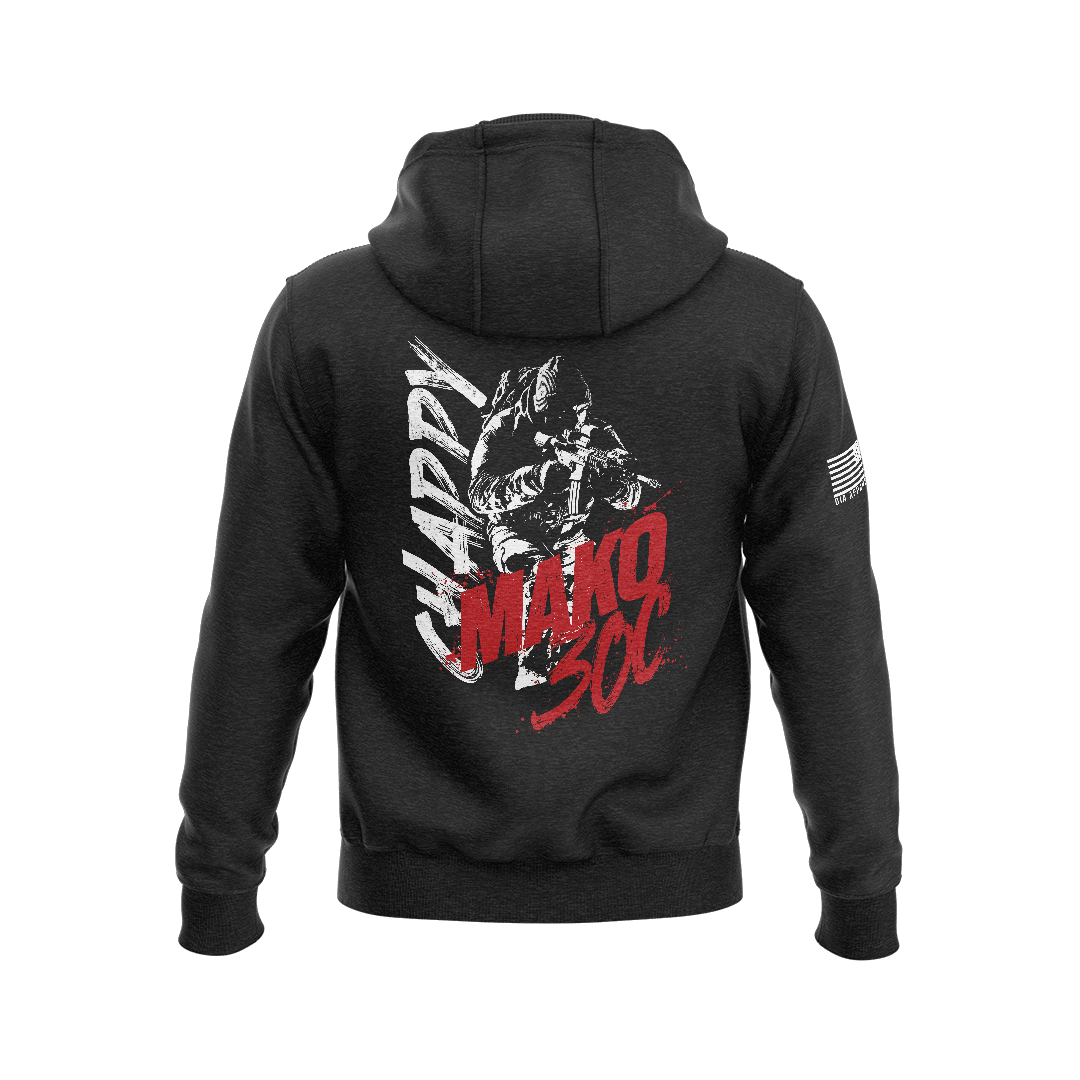 Black hoodie showcasing back graphic with white "CHAPPY" text, red "MAKO 30C" lettering, soldier illustration, and sleeve flag.