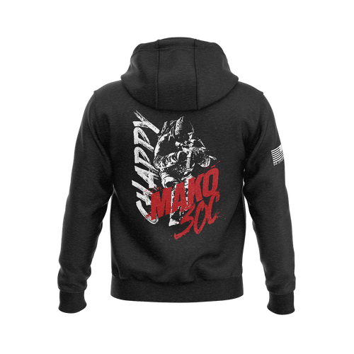 Black hoodie showcasing back graphic with white "CHAPPY" text, red "MAKO 30C" lettering, soldier illustration, and sleeve flag.