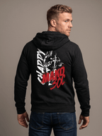 Man stands facing away, wearing black hoodie with white "CHAPPY" text, red "MAKO 30C" graphic, and a soldier illustration.