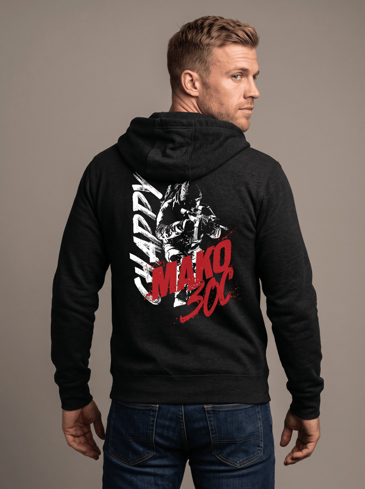 Man stands facing away, wearing black hoodie with white "CHAPPY" text, red "MAKO 30C" graphic, and a soldier illustration.
