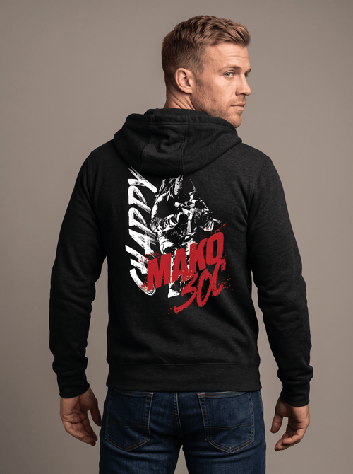 Man stands facing away, wearing black hoodie with white "CHAPPY" text, red "MAKO 30C" graphic, and a soldier illustration.