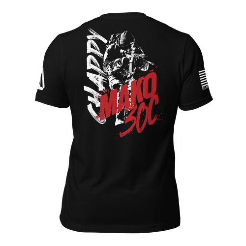 Back of a black t-shirt featuring a white soldier graphic and bold red "MAKO 30C" text with an American flag sleeve.