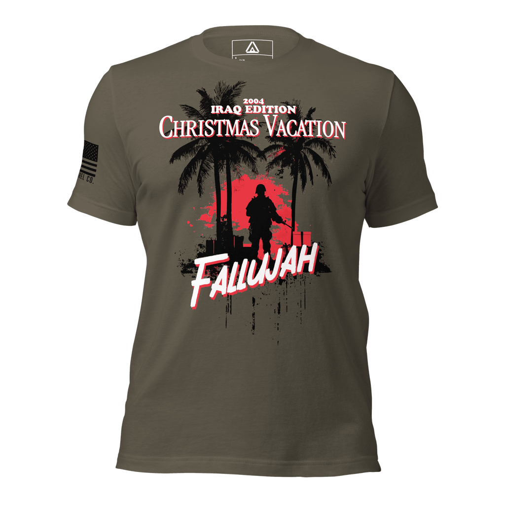 Army green t-shirt featuring a soldier silhouette graphic with Iraq 2004 text and a black American flag on the sleeve.