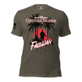 Army green t-shirt featuring a soldier silhouette graphic with Iraq 2004 text and a black American flag on the sleeve.