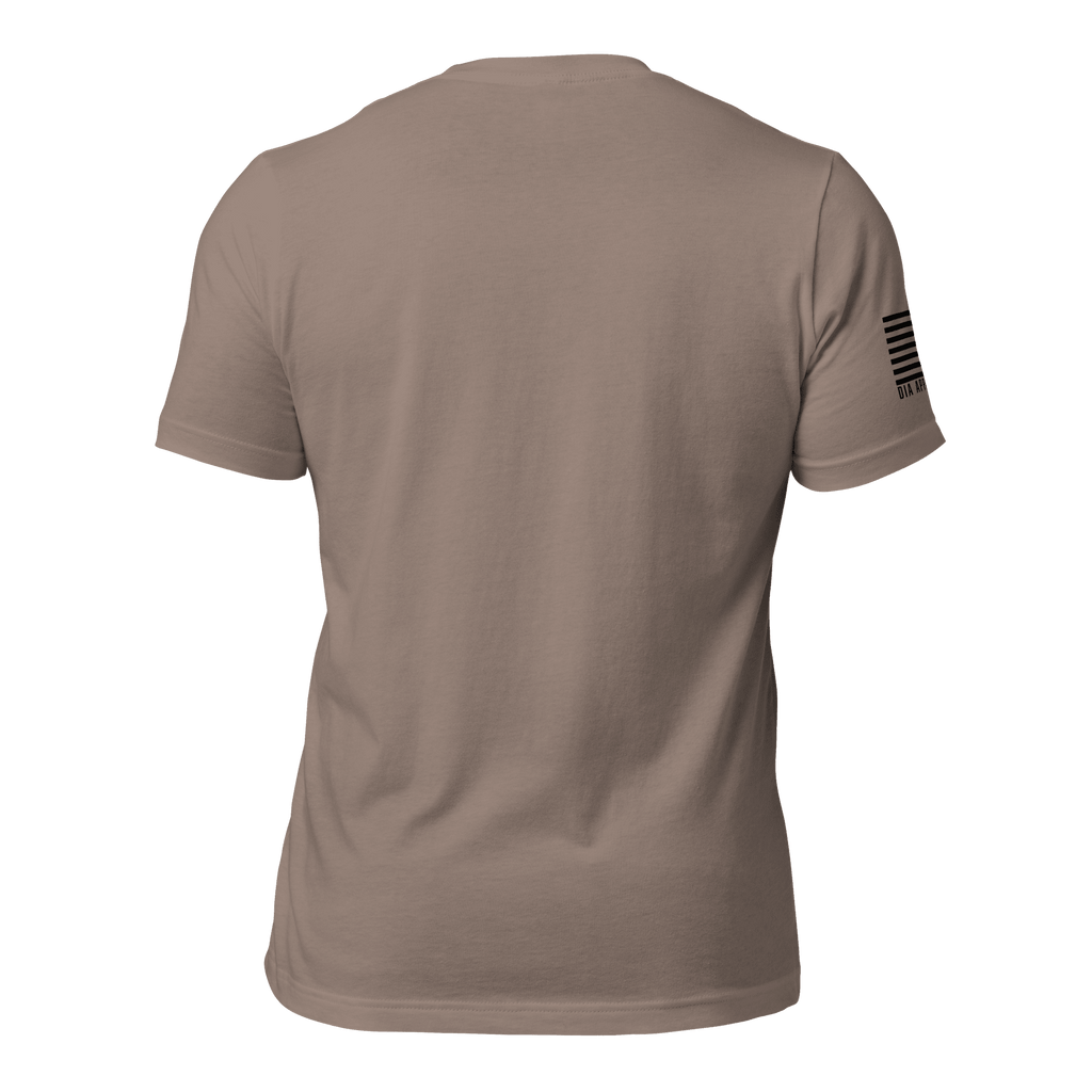 Back view of a pebble brown t-shirt featuring a black American flag and "DIA APPAREL CO," text on the right sleeve.