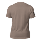 Back view of a pebble brown t-shirt featuring a black American flag and "DIA APPAREL CO," text on the right sleeve.